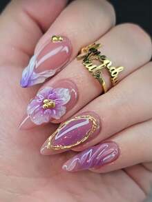 30pcs French Purple 3D Flower Press On Fake Nails , Nails Supplies Art Perfect For Everyday Wear - Multicolor - View 1