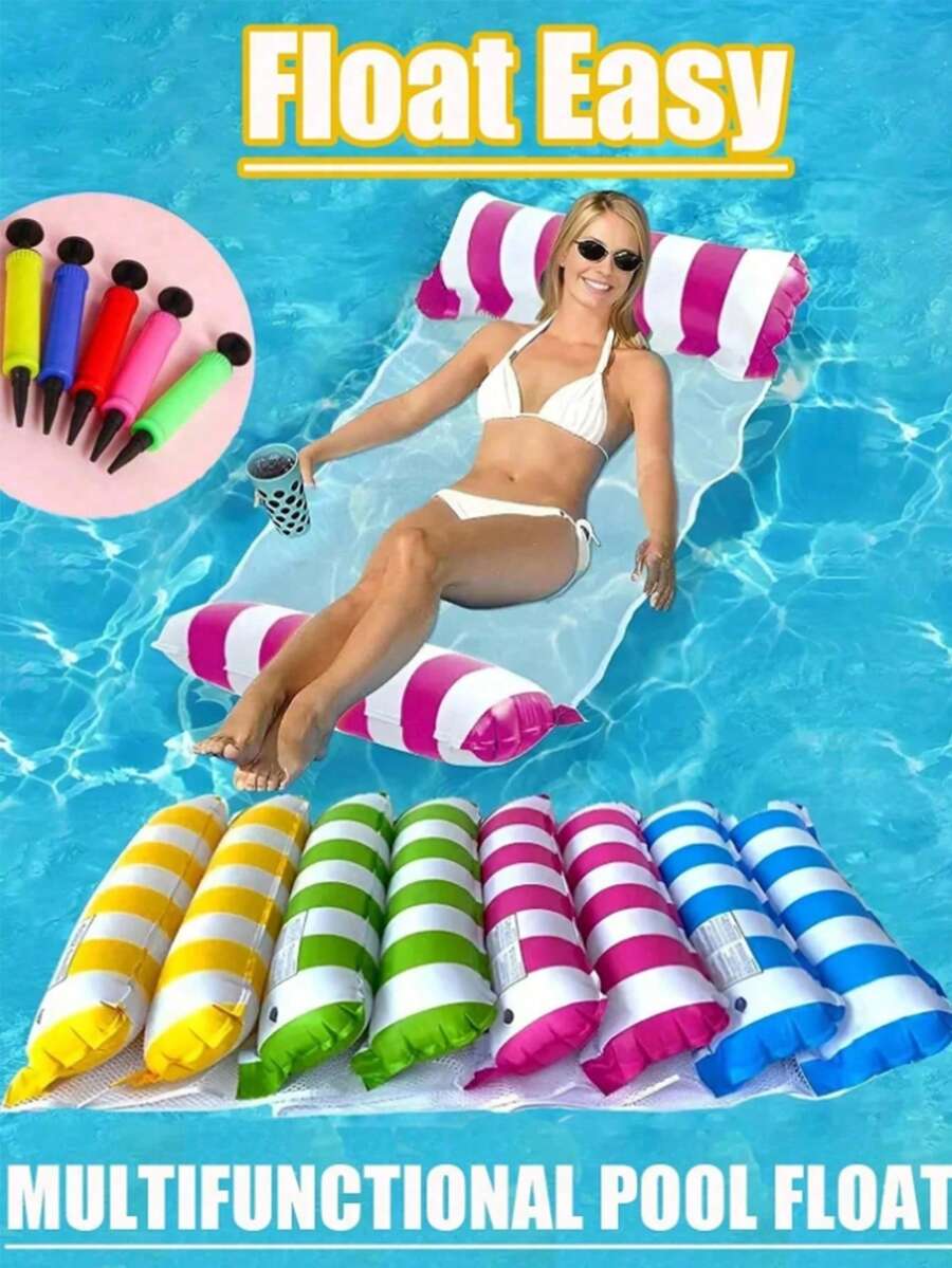 1 Set Inflatable Striped Hammock, Casual Net Lounge Chair Backrest Floating Bed, Foldable Floating Mat - Multicolor - View 1