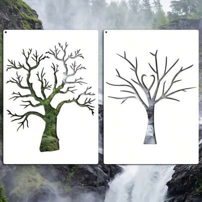 2张A4尺寸可重复使用干树枝艺术模板，家居装饰，墙面装饰，DIY工艺品和礼品，创意项目，画布绘画，耐用PET材质，精准切割，绘画模板，工艺模板，手工爱好，DIY家居装饰，墙面艺术模板，精准切割工艺模板，可重复使用艺术模板，森林美学，树枝艺术设计，高品质可重复使用模板