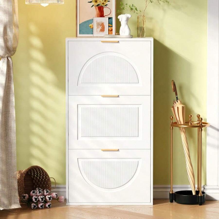 Zapatero estrecho de 3 puertas, zapatero blanco para entrada/salón, medidas: 60 x 24 x 114 cm (antigua referencia N657P285156W) - Blanco - Ver 1