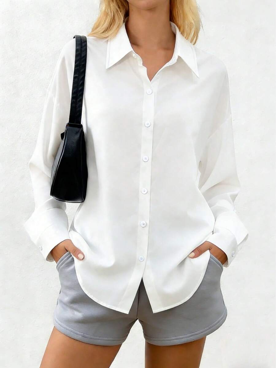 Women's Casual Loose Long Sleeve Shirt, Minimalist Versatile, Suitable For Daily Wear - White - View 1