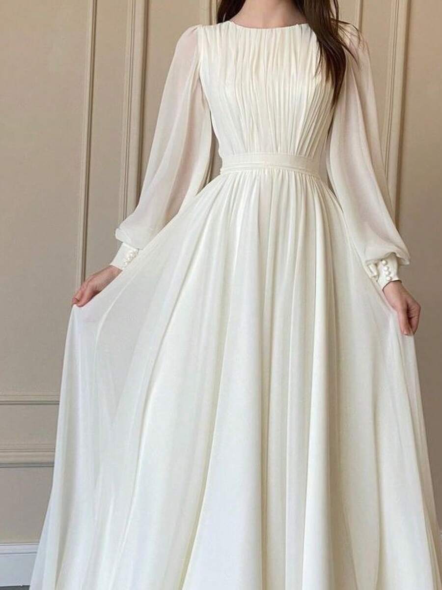 Fashion Lantern Pearl White Wedding Dress Round Neck Gown - trắng - Xem 1