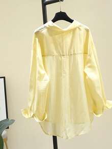 Women's Solid Color Drop Shoulder Long Sleeve Single-Breasted Casual Loose Semi-Sheer Blouse Spring - Yellow - View 3