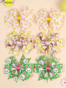 6pcs Easter Day Cartoon Hair Bows For Girls, Cute Chick & Bunny Print Hair Clips, Alligator Clips ,Grosgrain Ribbon Hair Barrettes ,Spring Holiday Hair Accessories - Multicolor - View 2