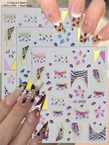 3/6pcs Leopard Print Gold Foil Nail Stickers, Y2K Style Animal Print & Geometric Nail Art Stickers Suitable For French Manicure - Multicolor - View 10