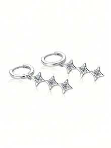 925银星形锆石流苏耳环，镶嵌立方氧化锆白钻，日常佩戴，礼盒包装 - 銀色 - 查看 5