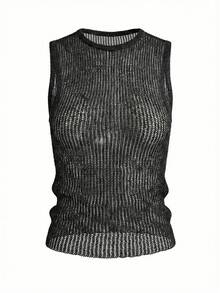 Women's Black Sequin Knit Tank Top | Crew Neck Sleeveless Sparkly Crop Top For Party & Night Out Summer - Black - View 11