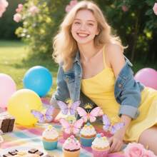 8个粉紫色蝴蝶亚克力纸杯蛋糕装饰插牌，生日派对装饰，粉紫色蝴蝶主题生日纸杯蛋糕装饰插牌，单身派对婚礼派对装饰，粉紫色蝴蝶蛋糕砸脸拍照道具，适用于情人节、婴儿派对、性别揭晓派对、纸杯蛋糕、生日、婚礼等场合，也可用于周年纪念、派对、礼物、蛋糕装饰、情侣约会等。 - 粉紅紫蝴蝶 - 查看 4