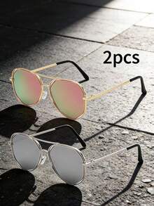 1pc/2pcs Retro Fashion Personalized Hollow Polygon Metal Double Circle Fashion Glasses, Suitable For Outings, Driving And Other Occasions - Multicolor - View 10