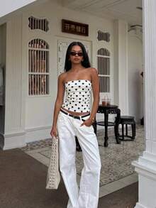 新款性感波点印花褶皱抹胸上衣，露脐上衣 - 白色 - 查看 2