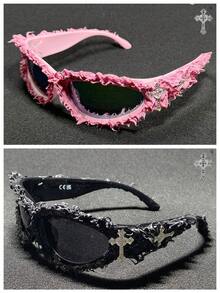 Diamond Heart Cross 1pc Futuristic Punk Rock European & American Party Hip-Hop Fashion Glasses, New Resin Asymmetric Fashion Glasses, Personalized Resin Hip-Hop Street Dark Cyberpunk Fashion Glasses, Oversized Asymmetric Frame European & American Dark Style Personalized Fashion Glasses, Party Resin Protective Glasses, Street Fashion Glasses, Handmade Resin Spike Punk Stylish - Multicolor - View 15