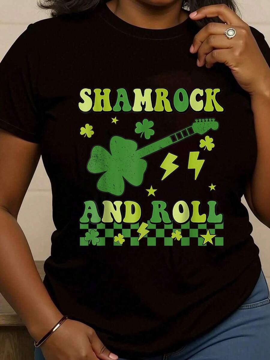 100% Cotton Shamrock And Roll St Patricks Day Retro Groovy Guitar Player T-Shirt  Women's Streetwear Graphic Tee Black Crew Neck Vacation Tops - Black - View 1