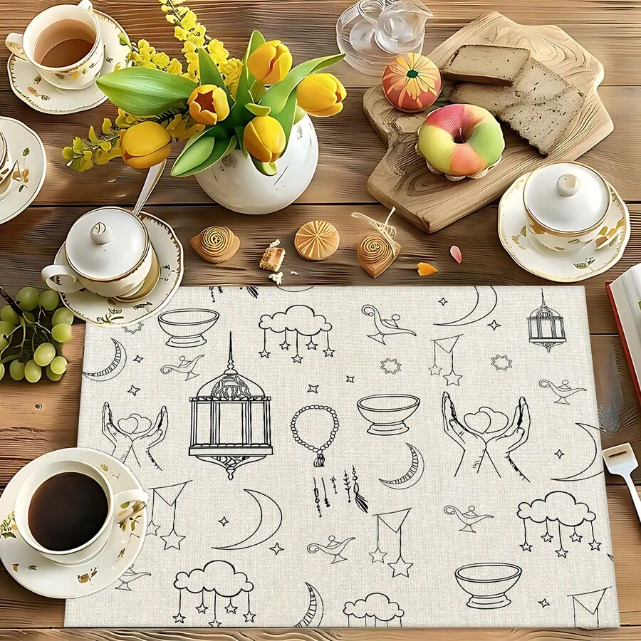 1 pieza/4 piezas/6 piezas Manteles individuales de lino con patrón de luna creciente, decoración de festival de Oriente Medio, adecuado para mesa de comedor, todo el año, lavable, decoración del hogar, mesa, cocina, fiesta interior/exterior, regalo ideal - Multicolor - Ver 1