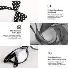 Bộ phụ kiện nữ phong cách rock cổ điển 3 món/4 món/5 món, bộ thời trang thập niên 1950 bao gồm khăn voan, kính mắt mèo, băng đô chấm bi và bông tai, găng tay và khăn quàng cổ. - 1950 - Xem 6