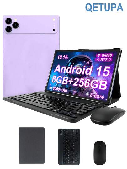  Qetupa 安卓 15 10.1 英寸平板电脑，配备保护套、键盘和鼠标，8GB 运行内存 + 256GB 机身存储（支持 1TB SD 卡扩展），MTK6771 八核 2.0GHz 处理器，高清 (1280x800) IPS 触控屏，500 万像素前置摄像头和 800 万像素后置摄像头，6000mAh 电池，蓝牙 5.2，802.11ax Wi-Fi 6，GPS，Type-C 充电接口