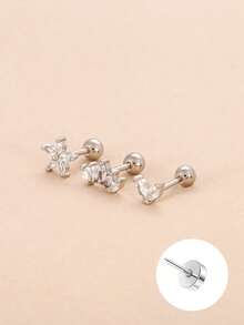 Set de 3 piezas de pendientes de botón de circonita marquesa plateada delicada para mujeres, pendientes de cartílago de flor para múltiples perforaciones, joyería para uso diario - Plata 3 piezas - Ver 3