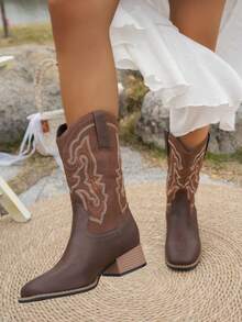 女士西部风格刺绣方头粗跟假日西部靴 - 棕色 - 查看 3