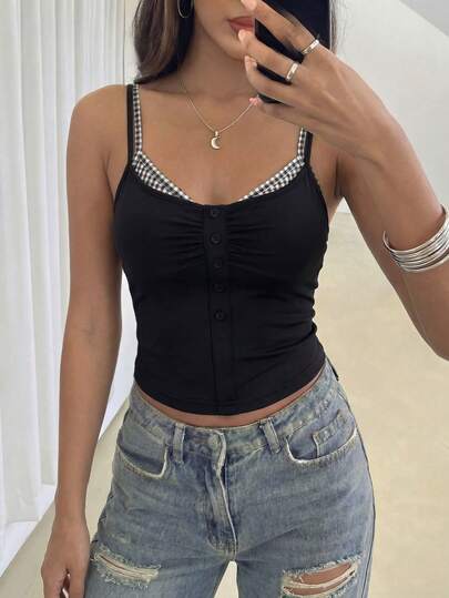 Faeriesty Damski czarny, dwuczęściowy top z imitacją koronki, z marszczeniami i guzikami z przodu, dopasowany do sylwetki, idealny na lato, na co dzień, na co dzień, na imprezę, na miasto ...