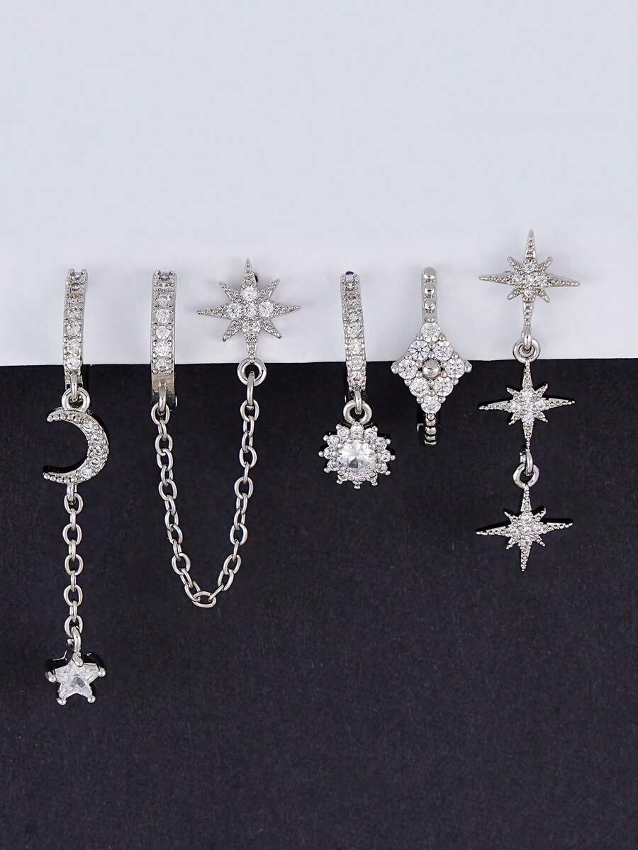 5pcs Shiny Cubic Zirconia Star & Moon Chain Earrings, Suitable For Women's Daily Wear, Dates, Parties, Gatherings, Holiday Gifts - Silver - View 1