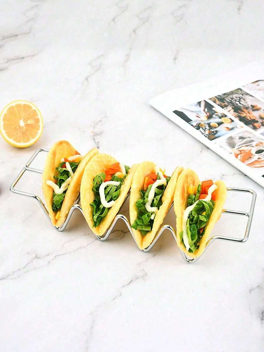 1pc Stainless Steel 4-Compartment Taco Holder Tray, Colorful High-Quality Taco Bar Accessory, Holds 4 Tacos, Dishwasher & Microwave , Essential Kitchen Utensil - Multicolor - View 1