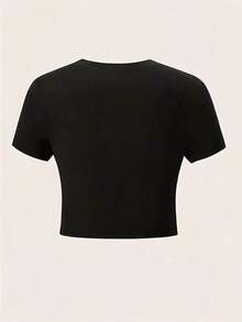 2026 Summer New Arrival  Women's Y2K Street Style "Bark Call Me" Graphic Cropped Top - Black Geometric Crewneck Short Sleeve Shirt, Machine Washable All Season Casual Top, Fashionable Dress Up Clothing, Bold Print, Stretch Material, Statement Shirt, For LoversValentine's Day Outfits Valentine's Day - màu đen - Xem 2