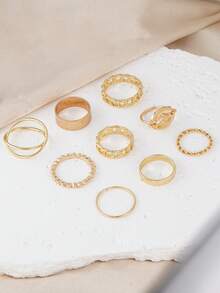 9pcs Fashion Twist Chain Religious Design Ring Set, Stackable Metal Rings, Suitable For Women's Daily, Party, Gathering Wear - Yellow Gold - View 4