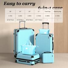 VALLSERO LG2 Set di valigie rigide in ABS da 6 pezzi con ruote, lucchetto TSA, borsa da viaggio e trousse per cosmetici - celeste - Visualizzare 6