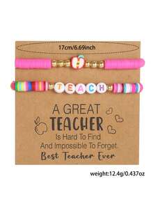2pcs/Set Back To School "TEACH" Letter Beaded & Apple Shaped Polymer Clay Elastic Bracelet Set, Suitable For Gift Giving And Daily Wear - Multicolor - View 8