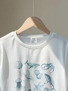 2 Peças Conjunto de Roupas com Tema Oceânico para Meninos Bebês, Roupas de Verão - Camiseta de Manga Curta com Estampa de Animais Marinhos para Menino Bebê + Shorts Listrados Azul e Branco para Menino Pequeno, Adequado para 0-1-2-3 Anos, 6-9 Meses Bebê, Uso Externo, Casual, Festa, Presente de Férias, Presente de Aniversário - Branco - Visão 3