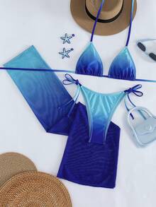 3件套性感渐变黄绿色吊带比基尼套装 - 三角杯上衣 + 系带腰泳裤 + 修身中长裙 | 夏季海滩度假必备泳装 - 藍色 - 查看 7