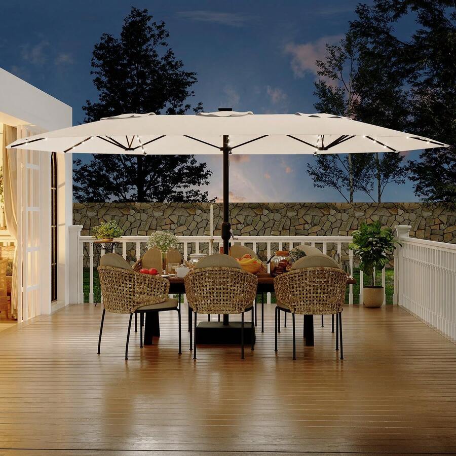 Sombrilla rectangular de 15 pies con luces solares y base incluida, paraguas grande de patio con manivela, protección UV para mercado al aire última intervensión, patio trasero, piscina - Beige - Ver 1
