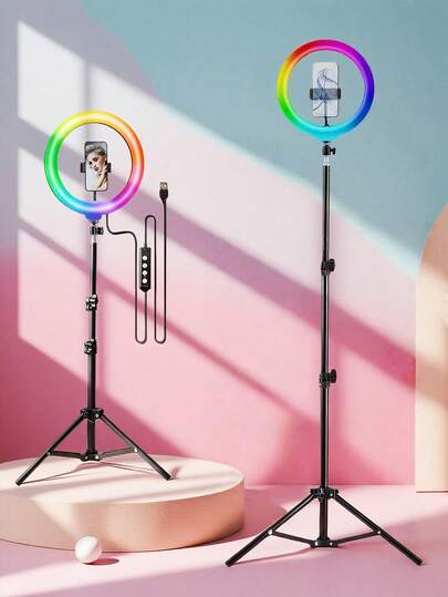 Đèn chiếu sáng selfie/video hội nghị 10 inch RGB cấp nguồn USB, chân đế ba chân điều chỉnh được 63/43 inch, nhiệt độ màu điều chỉnh được 3000K-6500K, thích hợp cho chiếu sáng chụp ảnh, ghi âm, phát trực tiếp, trang điểm và video blog.