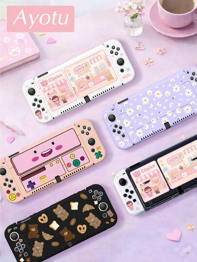 Ayotu Pixels & Games & Daisies & Bears Theme Protective Case For Switch,Compatible New Switch2(2025)/Switch NS/Switch OLED,Can Be Installed In The Dock Without Removing The Protective Case,Universal Gamepad Protective Cover, Switch Gaming Accessories, Anti-Drop, Scratch-Resistant, Fall/Winter Romance/Back To School Gifts/Christmas Gifts/Valentine's Day Gifts