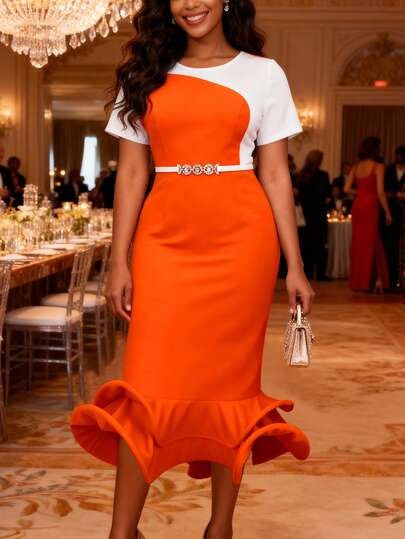 Women's Elegant Orange & White Color Block Dress With Rhinestone Belt And Ruffle Hem, Suitable For Cocktail Party Wedding