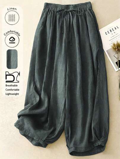 Comfortable Leisure Linen High-Waist Stretch Autumn/Summer Trousers With Draping Effect Spring