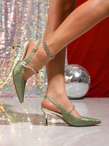 女士尖头细跟高跟鞋，踝带细跟鞋，百搭派对、办公、户外凉鞋 - 綠色 - 查看 6