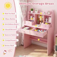 COSTWAY Kids Study Desk And Chair Set, Student Writing Table With Chair, Open Shelves, Cork Bulletin Board & 4 Drawers, Children Computer Workstation For Home School Use, Pink - Pink - View 4