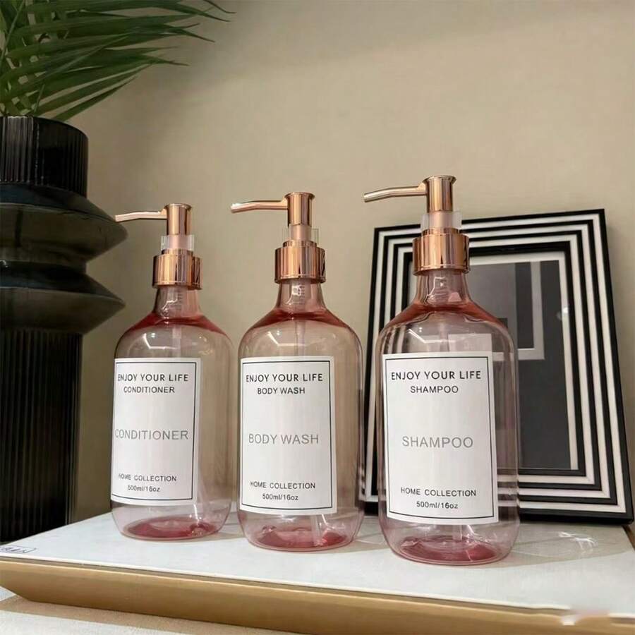 3pcs 500ml/16oz Rose Pink Refillable Bottles With Rose Gold Pumps, Shampoo, Body Wash, Conditioner, Lotion Dispenser Bottles For Hotel Bathroom, With Waterproof Labels - Pink - View 1