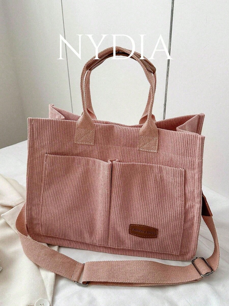 条纹灯芯绒单肩手提包，大容量可折叠 - 粉色 - 查看 1