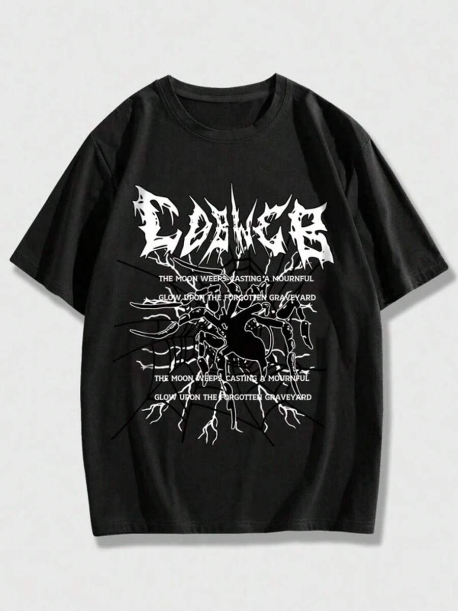 Graphic Tees Women ROMWE MEN Grunge Punk Men Slogan Graphic Tee, School Men's Summer Casual 180g Pure Cotton T-Shirt Patterned Printed Short Sleeved Top T-Shirt - Black - View 1