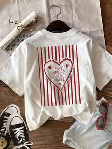 [Double-Sided Print Front And Back] Summer Fashion Casual Women's Top In Retro Style With Heart Stripes, MORE LOVE PER Print, Round Neck, Pure Cotton Short-Sleeved T-Shirt [Ling] - trắng - Xem 2