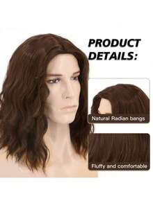 男士14英寸长波浪卷发假发 - 200克高密度耐热合成纤维，黑色和棕色可选，含假发帽，适合日常佩戴、角色扮演、万圣节和化装舞会等场合 - 彩色 - 查看 4