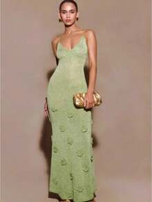 Women's Summer Knit Cami Maxi Dress | Solid Color V-Neck Slim Fit Elegant Long Dress - 綠色 - 查看 1