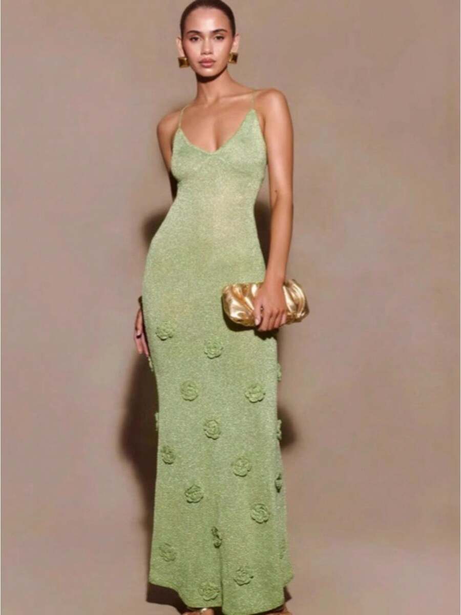 Women's Summer Knit Cami Maxi Dress | Solid Color V-Neck Slim Fit Elegant Long Dress - 綠色 - 查看 1