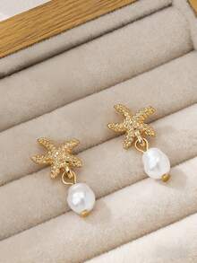 1 Pair Beach Vacation Ocean Style Starfish & Faux Pearl Pendant Earrings For Women - Gold - View 2