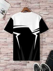 加大码男士黑白撞色图案T恤，休闲宽松街头风衬衫 - 黑與白 - 查看 3
