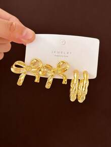 4-16pcs New Fashionable Chinese Style Bamboo Knot, Bow, Sunflower, Fan Shape Multi-Element Women Earring Set, Low Allergy Fashion Jewelry CCB Earrings, Suitable For Gifts And Daily Wear All Year Round - Gold - View 4