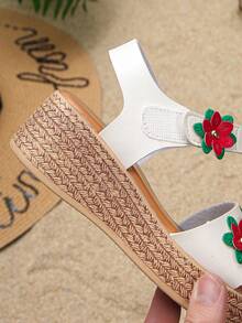 1 Pair Girls' Summer High Heel Sandals, Fashionable Floral Minimalist Hook And Loop Solid Color Casual Thick Sole Comfortable Daily Wear Non-Slip Open Toe Wedge Sandals - Red and White - View 10