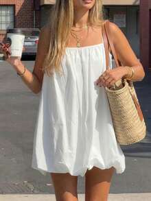 White Sleeveless Loose Mini Dress Women's Casual Flowy A-Line Dress - White - View 2