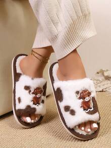 女士毛绒交叉露趾拖鞋，室内防滑家居拖鞋，时尚3D设计 - 咖啡棕 - 查看 6